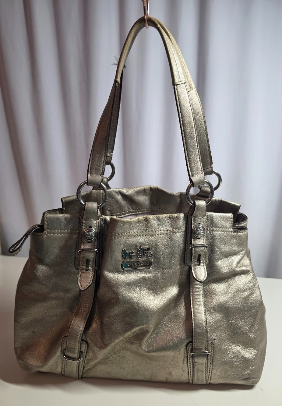 Coach 2010 Pewter Metallic Leather Satchel Handbag Lavender Satin Lining Used